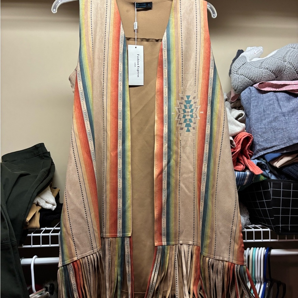 NWT Western Fringe Vest with Aztec Pattern
